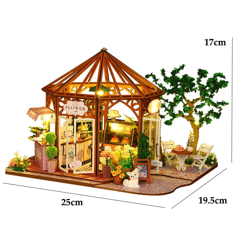 DIY Flower House Dollhouse Kit with LED Lights - Wooden 3D Miniature Building Set | Handmade Craft Model for Adults & Teens 14+ | Creative Assembly Toy