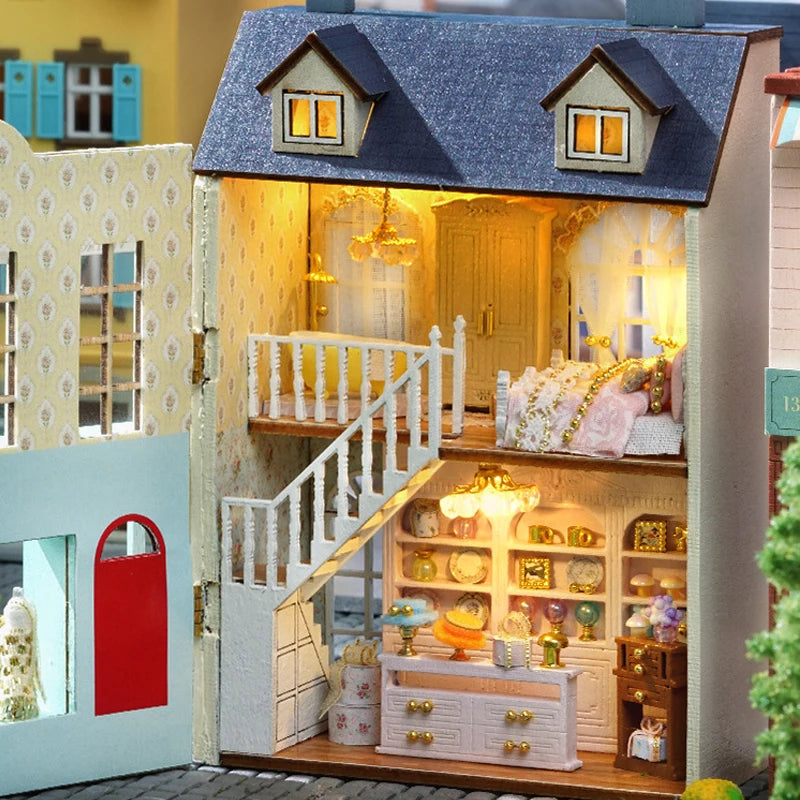 Zuuton DIY Mini Wooden Dollhouse Kit with Furniture & LED Lights - Pink Princess Villa Miniature House Assembly Model, Casa Doll House Toys - Birthday Gift for Girls, Teens, Adults 14+