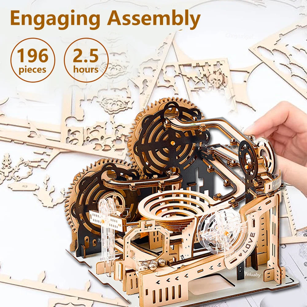 3D Wooden Marble Run Puzzle Kit - DIY Mechanical Engineering Building Set | STEAM Educational Toy for Kids & Adults | Birthday Gift Ages 3+