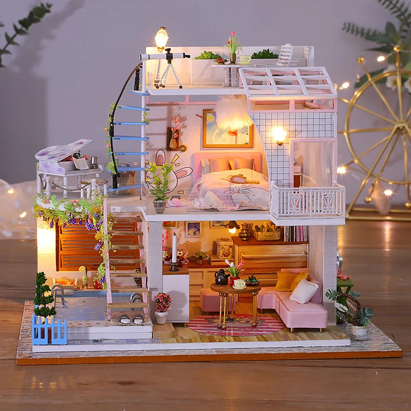 Mini Dollhouse DIY Kit with LED Lights - 3D Wooden Puzzle House Building Set with Furniture for Adults & Teens 14+ | Home Decor Model