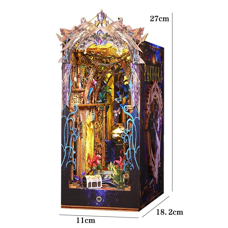 DIY Book Nook Shelf Insert Kit with LED Lights - 3D Wooden Miniature Diorama | Bookend Dollhouse Assembly Model | Christmas Gift for Book Lovers 14+
