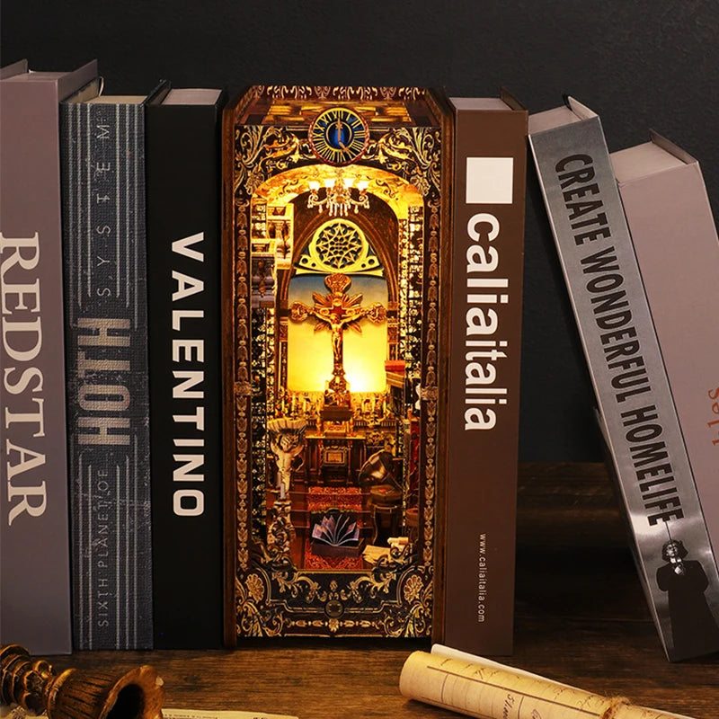 DIY Book Nook Shelf Insert Kit with LED Lights - 3D Wooden Miniature Diorama | Bookend Dollhouse Assembly Model | Christmas Gift for Book Lovers 14+