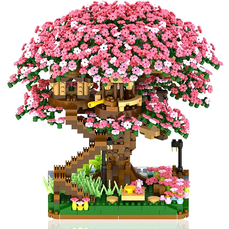 Cherry Blossom Tree Building Blocks with LED Lights - DIY Sakura Treehouse Model | Romantic Gift Set for Adults & Teens | Micro Brick Construction Kit 14+