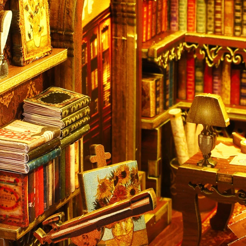 DIY Book Nook Shelf Insert Kit with LED Lights - 3D Wooden Miniature Diorama | Bookend Dollhouse Assembly Model | Christmas Gift for Book Lovers 14+