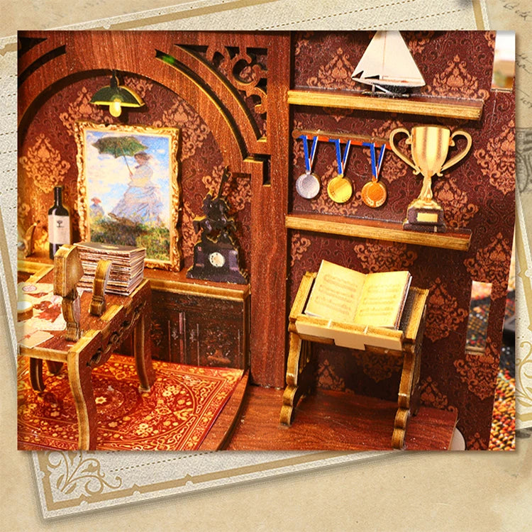 DIY Book Nook Shelf Insert Kit with LED Lights - 3D Wooden Miniature Diorama | Bookend Dollhouse Assembly Model | Christmas Gift for Book Lovers 14+