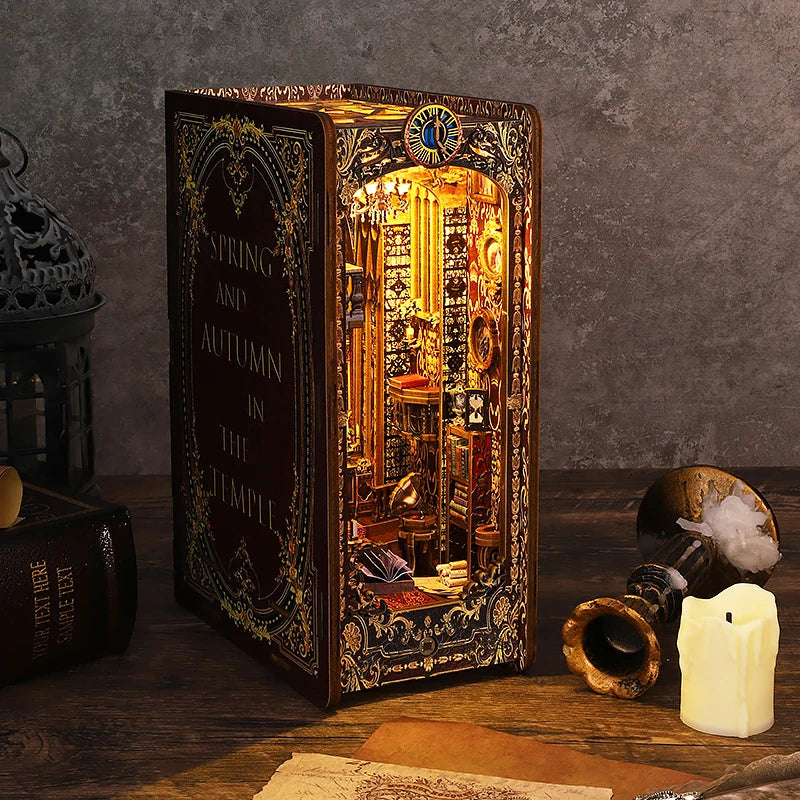 DIY Book Nook Shelf Insert Kit with LED Lights - 3D Wooden Miniature Diorama | Bookend Dollhouse Assembly Model | Christmas Gift for Book Lovers 14+