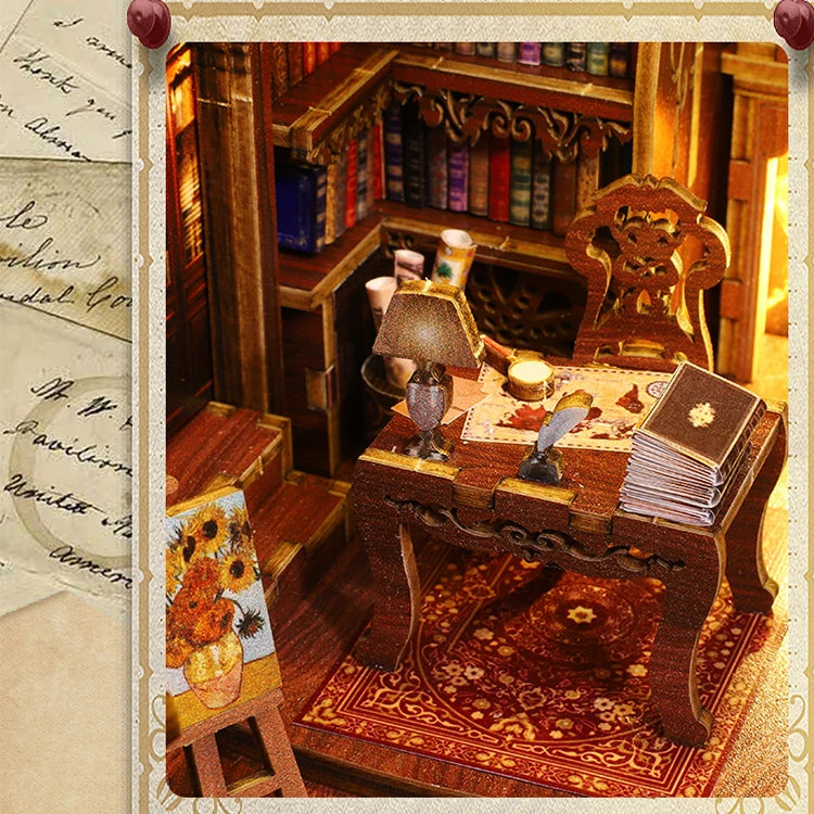 DIY Book Nook Shelf Insert Kit with LED Lights - 3D Wooden Miniature Diorama | Bookend Dollhouse Assembly Model | Christmas Gift for Book Lovers 14+