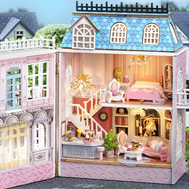 Zuuton DIY Mini Wooden Dollhouse Kit with Furniture & LED Lights - Pink Princess Villa Miniature House Assembly Model, Casa Doll House Toys - Birthday Gift for Girls, Teens, Adults 14+