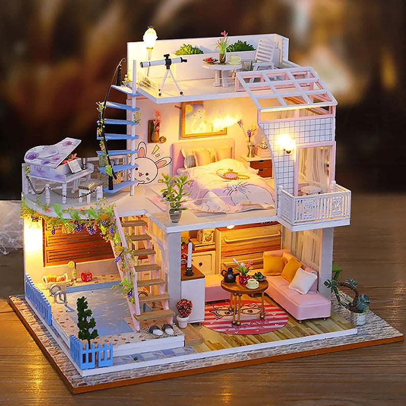 Mini Dollhouse DIY Kit with LED Lights - 3D Wooden Puzzle House Building Set with Furniture for Adults & Teens 14+ | Home Decor Model