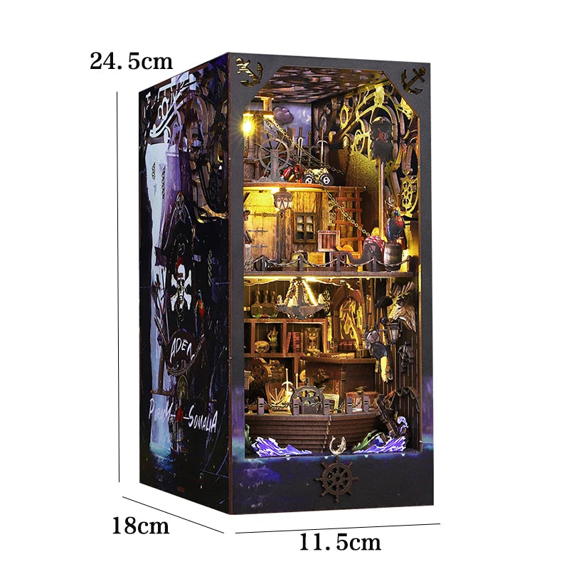 DIY Book Nook Shelf Insert Kit with LED Lights - 3D Wooden Miniature Diorama | Bookend Dollhouse Assembly Model | Christmas Gift for Book Lovers 14+