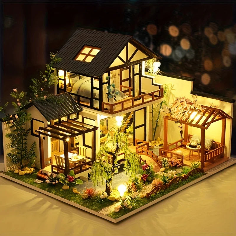 DIY Wooden Dollhouse Kit - Miniature 3D Puzzle Assembly Model, Pastoral Architecture Micro House with Accessories - Birthday Christmas Gifts for Teens, Adults, Home Decor Collectible