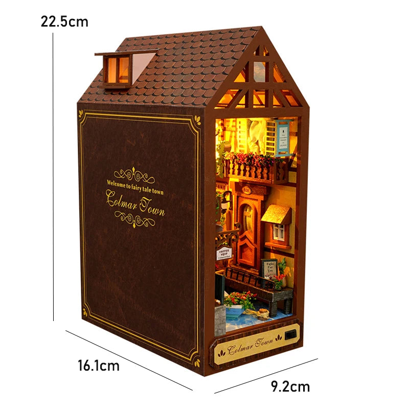 DIY Book Nook Shelf Insert Kit with LED Lights - 3D Wooden Miniature Diorama | Bookend Dollhouse Assembly Model | Christmas Gift for Book Lovers 14+