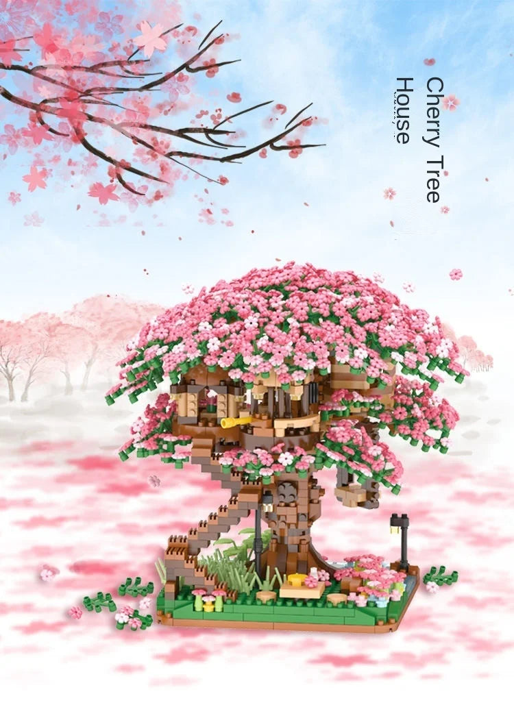 Cherry Blossom Tree Building Blocks with LED Lights - DIY Sakura Treehouse Model | Romantic Gift Set for Adults & Teens | Micro Brick Construction Kit 14+