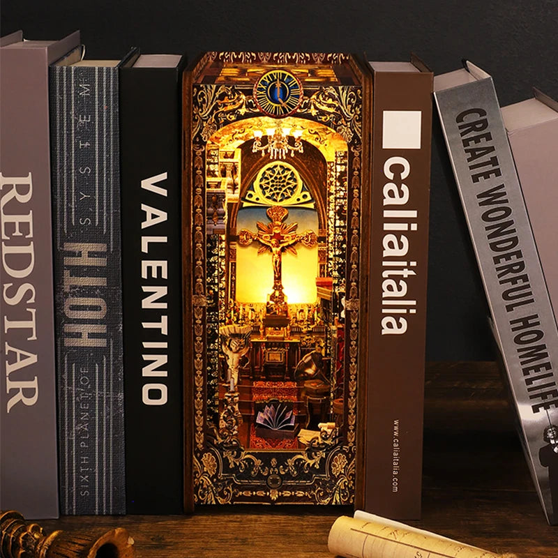 DIY Book Nook Shelf Insert Kit with LED Lights - 3D Wooden Miniature Diorama | Bookend Dollhouse Assembly Model | Christmas Gift for Book Lovers 14+
