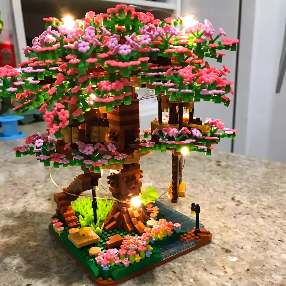 Cherry Blossom Tree Building Blocks with LED Lights - DIY Sakura Treehouse Model | Romantic Gift Set for Adults & Teens | Micro Brick Construction Kit 14+