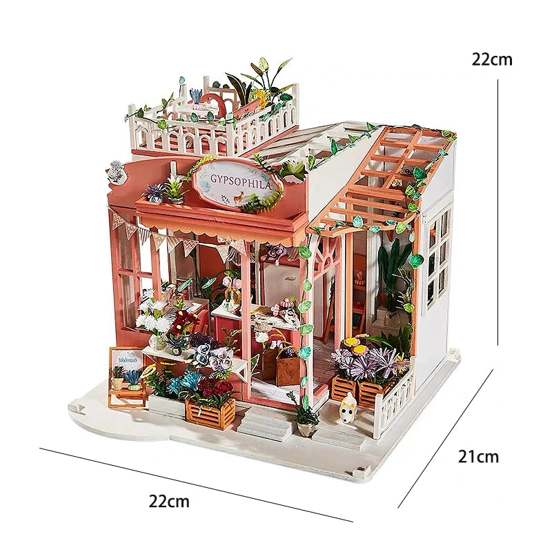 DIY Flower House Dollhouse Kit with LED Lights - Wooden 3D Miniature Building Set | Handmade Craft Model for Adults & Teens 14+ | Creative Assembly Toy