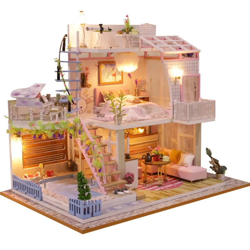 Mini Dollhouse DIY Kit with LED Lights - 3D Wooden Puzzle House Building Set with Furniture for Adults & Teens 14+ | Home Decor Model