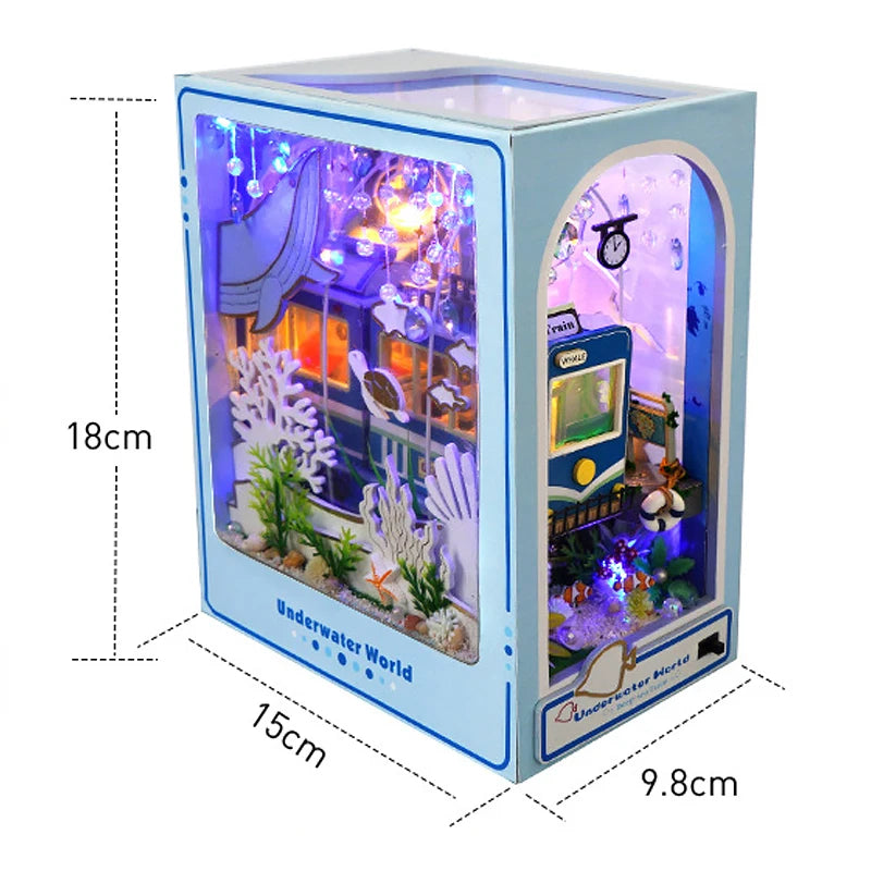 DIY Book Nook Shelf Insert Kit with LED Lights - 3D Wooden Miniature Diorama | Bookend Dollhouse Assembly Model | Christmas Gift for Book Lovers 14+