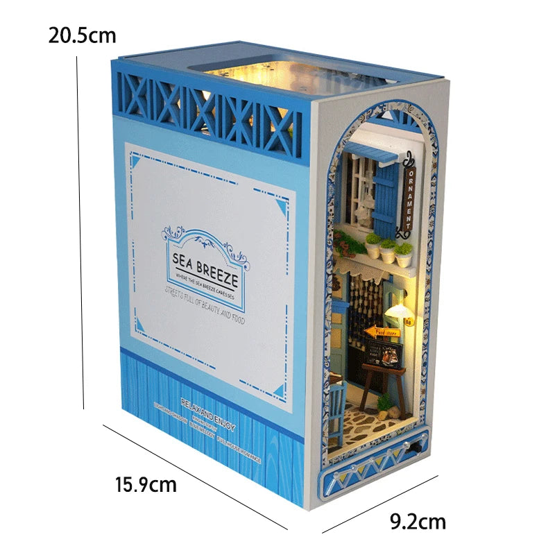 DIY Book Nook Shelf Insert Kit with LED Lights - 3D Wooden Miniature Diorama | Bookend Dollhouse Assembly Model | Christmas Gift for Book Lovers 14+