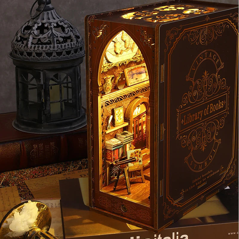 DIY Book Nook Shelf Insert Kit with LED Lights - 3D Wooden Miniature Diorama | Bookend Dollhouse Assembly Model | Christmas Gift for Book Lovers 14+