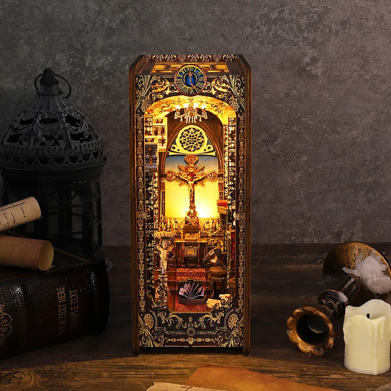 DIY Book Nook Shelf Insert Kit with LED Lights - 3D Wooden Miniature Diorama | Bookend Dollhouse Assembly Model | Christmas Gift for Book Lovers 14+