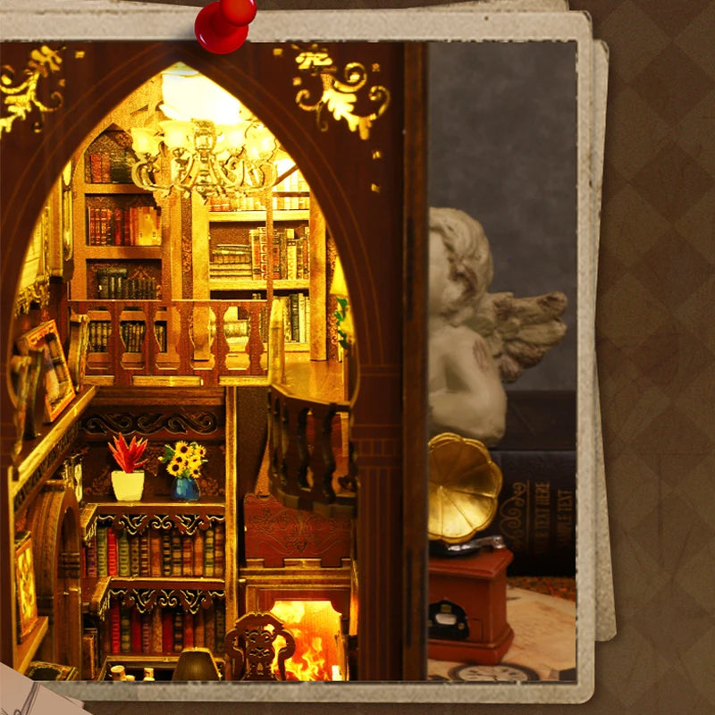 DIY Book Nook Shelf Insert Kit with LED Lights - 3D Wooden Miniature Diorama | Bookend Dollhouse Assembly Model | Christmas Gift for Book Lovers 14+