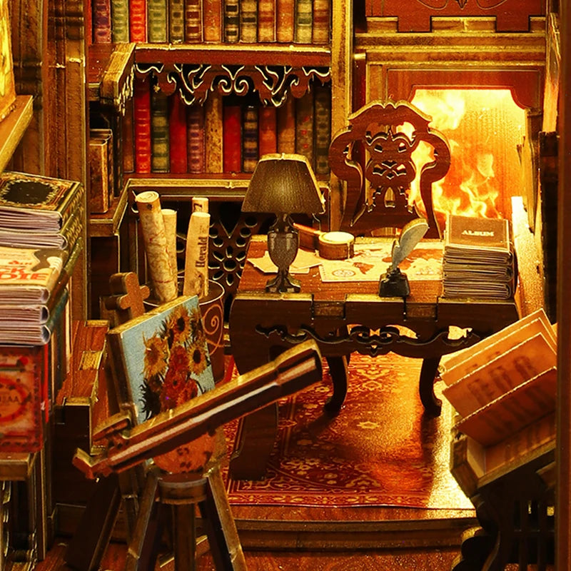 DIY Book Nook Shelf Insert Kit with LED Lights - 3D Wooden Miniature Diorama | Bookend Dollhouse Assembly Model | Christmas Gift for Book Lovers 14+