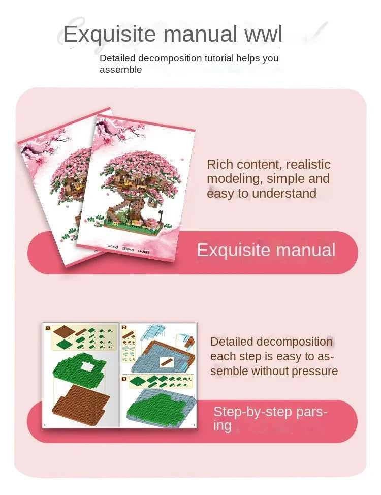 Cherry Blossom Tree Building Blocks with LED Lights - DIY Sakura Treehouse Model | Romantic Gift Set for Adults & Teens | Micro Brick Construction Kit 14+