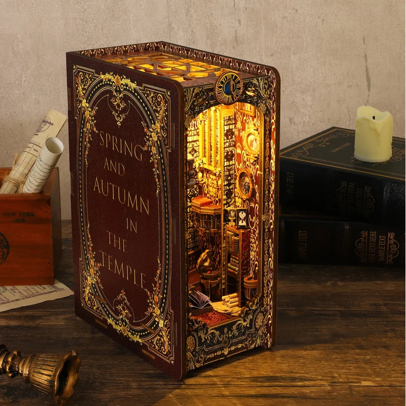 DIY Book Nook Shelf Insert Kit with LED Lights - 3D Wooden Miniature Diorama | Bookend Dollhouse Assembly Model | Christmas Gift for Book Lovers 14+
