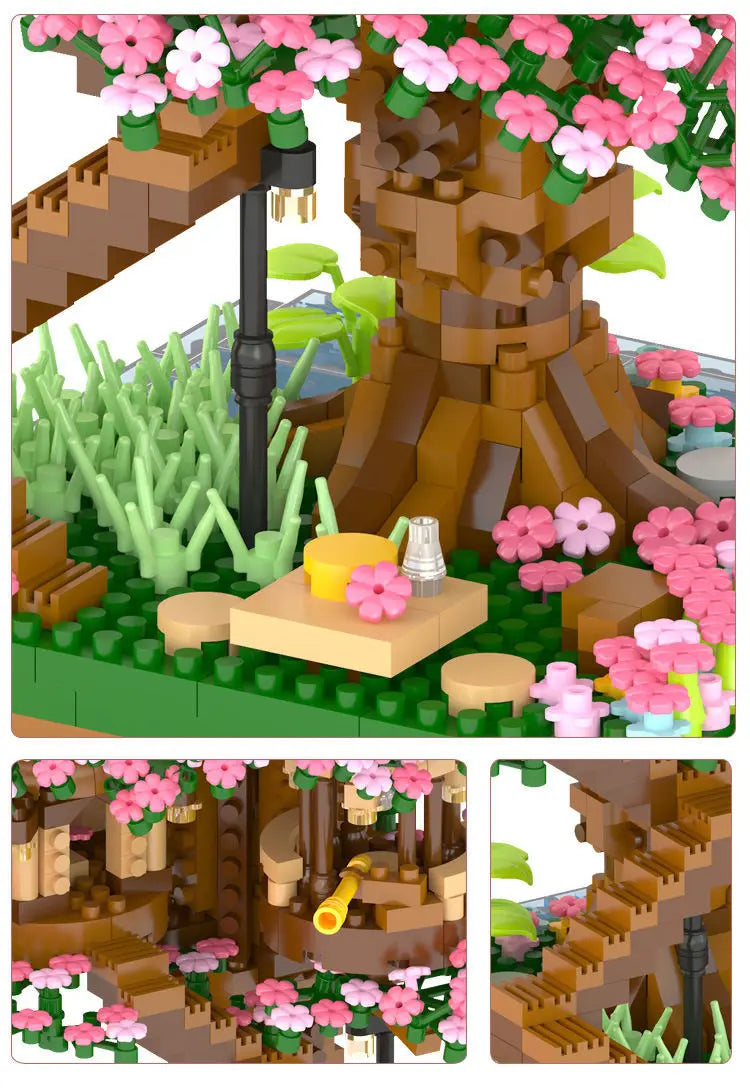 Cherry Blossom Tree Building Blocks with LED Lights - DIY Sakura Treehouse Model | Romantic Gift Set for Adults & Teens | Micro Brick Construction Kit 14+