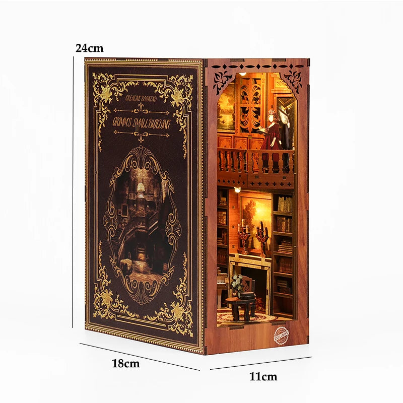 DIY Book Nook Shelf Insert Kit with LED Lights - 3D Wooden Miniature Diorama | Bookend Dollhouse Assembly Model | Christmas Gift for Book Lovers 14+