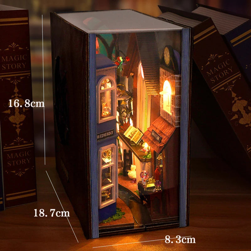 DIY Book Nook Shelf Insert Kit with LED Lights - 3D Wooden Miniature Diorama | Bookend Dollhouse Assembly Model | Christmas Gift for Book Lovers 14+