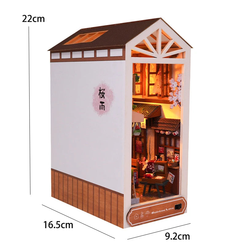 DIY Book Nook Shelf Insert Kit with LED Lights - 3D Wooden Miniature Diorama | Bookend Dollhouse Assembly Model | Christmas Gift for Book Lovers 14+