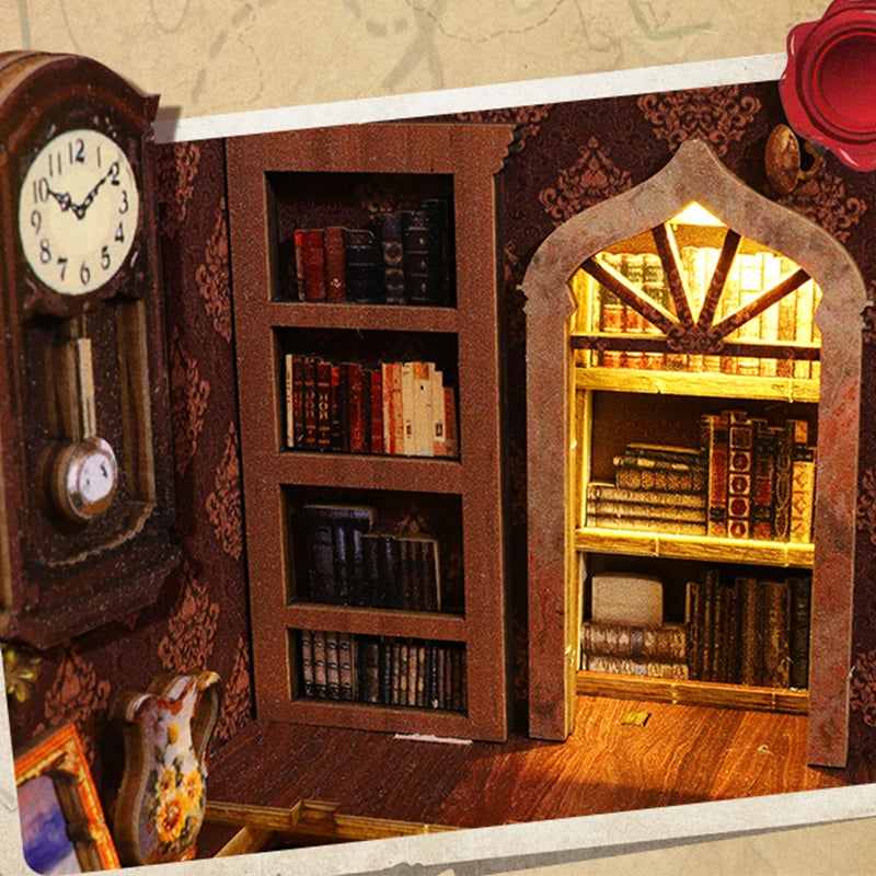 DIY Book Nook Shelf Insert Kit with LED Lights - 3D Wooden Miniature Diorama | Bookend Dollhouse Assembly Model | Christmas Gift for Book Lovers 14+