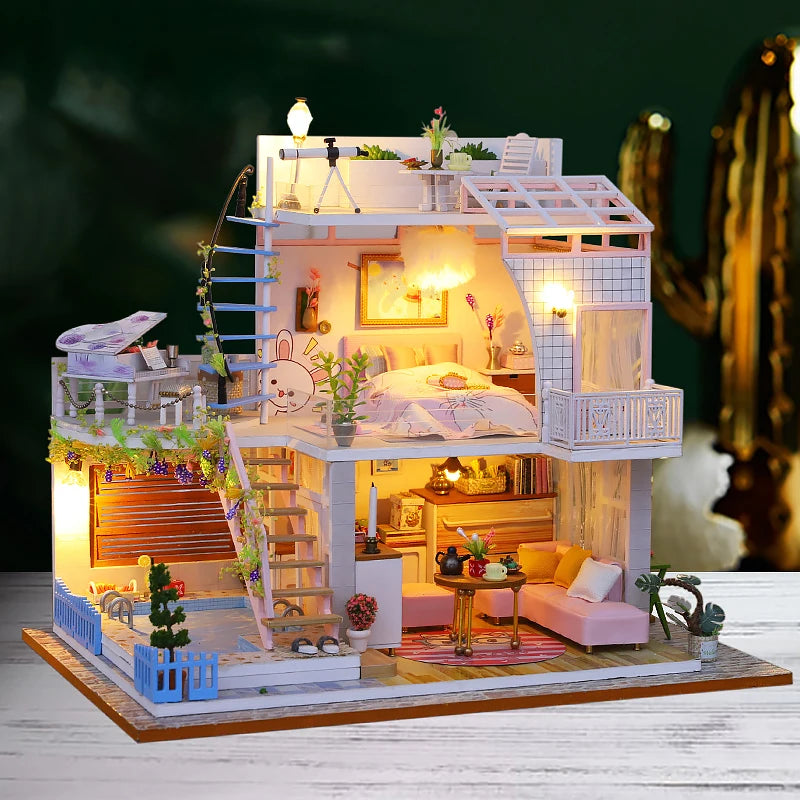 Mini Dollhouse DIY Kit with LED Lights - 3D Wooden Puzzle House Building Set with Furniture for Adults & Teens 14+ | Home Decor Model