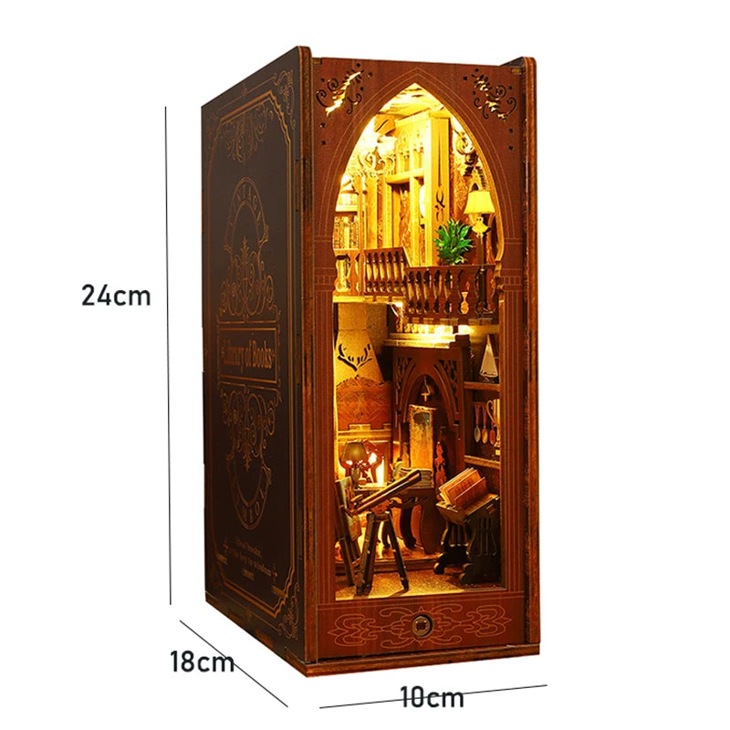 DIY Book Nook Kit for Bookshelves | 3D Wooden Puzzle Diorama with LED Light | Unique Gift for Adult Book Lovers