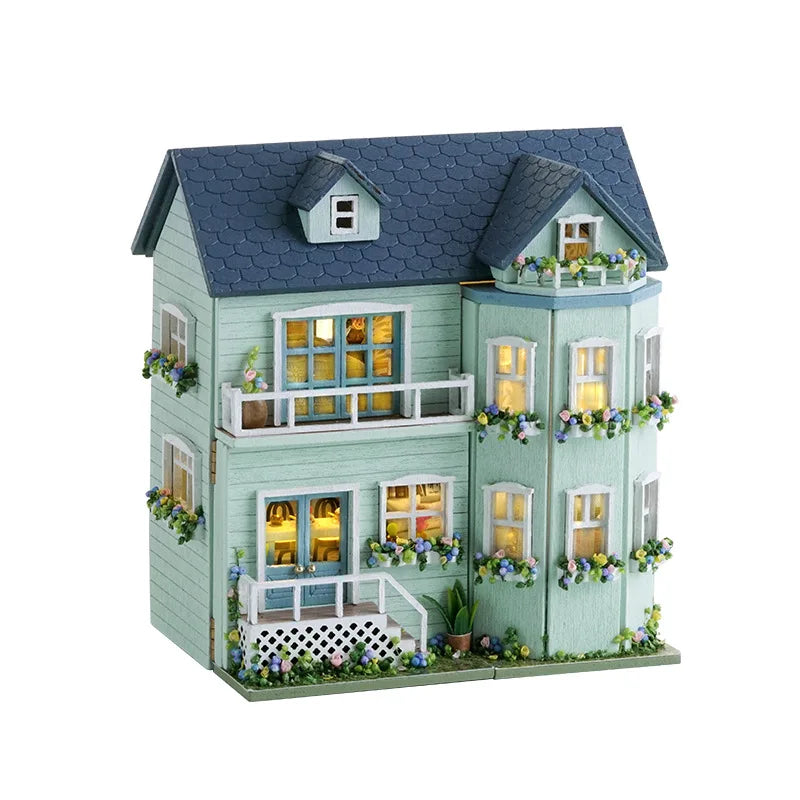 Zuuton DIY Mini Wooden Dollhouse Kit with Furniture & LED Lights - Pink Princess Villa Miniature House Assembly Model, Casa Doll House Toys - Birthday Gift for Girls, Teens, Adults 14+