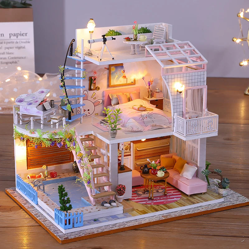 Mini Dollhouse DIY Kit with LED Lights - 3D Wooden Puzzle House Building Set with Furniture for Adults & Teens 14+ | Home Decor Model