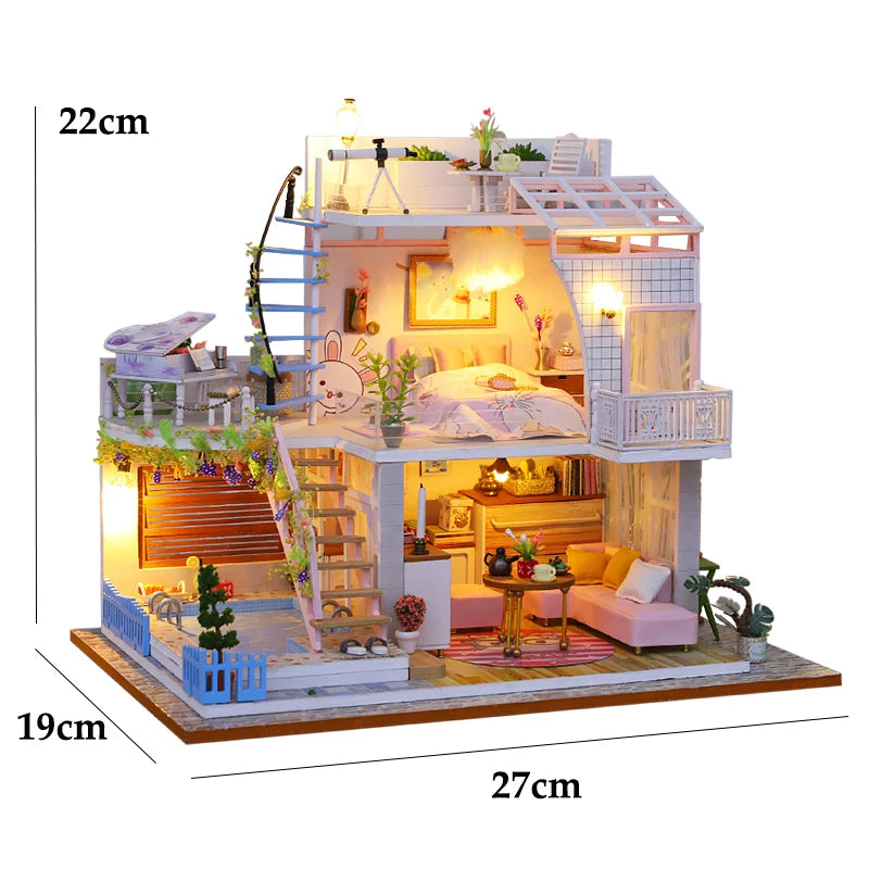 Mini Dollhouse DIY Kit with LED Lights - 3D Wooden Puzzle House Building Set with Furniture for Adults & Teens 14+ | Home Decor Model