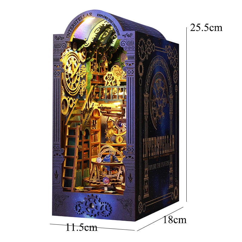 DIY Book Nook Shelf Insert Kit with LED Lights - 3D Wooden Miniature Diorama | Bookend Dollhouse Assembly Model | Christmas Gift for Book Lovers 14+