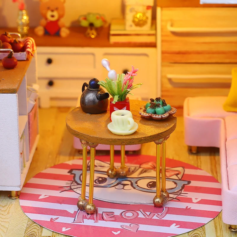 Mini Dollhouse DIY Kit with LED Lights - 3D Wooden Puzzle House Building Set with Furniture for Adults & Teens 14+ | Home Decor Model