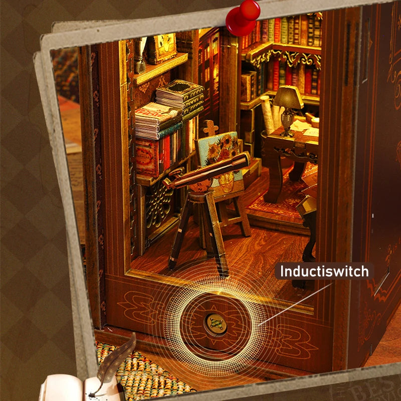 DIY Book Nook Shelf Insert Kit with LED Lights - 3D Wooden Miniature Diorama | Bookend Dollhouse Assembly Model | Christmas Gift for Book Lovers 14+