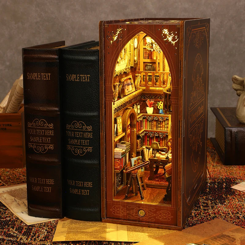 DIY Book Nook Shelf Insert Kit with LED Lights - 3D Wooden Miniature Diorama | Bookend Dollhouse Assembly Model | Christmas Gift for Book Lovers 14+