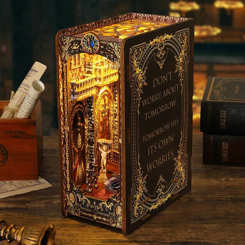 DIY Book Nook Shelf Insert Kit with LED Lights - 3D Wooden Miniature Diorama | Bookend Dollhouse Assembly Model | Christmas Gift for Book Lovers 14+