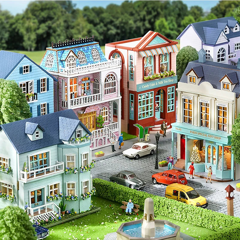 Zuuton DIY Mini Wooden Dollhouse Kit with Furniture & LED Lights - Pink Princess Villa Miniature House Assembly Model, Casa Doll House Toys - Birthday Gift for Girls, Teens, Adults 14+