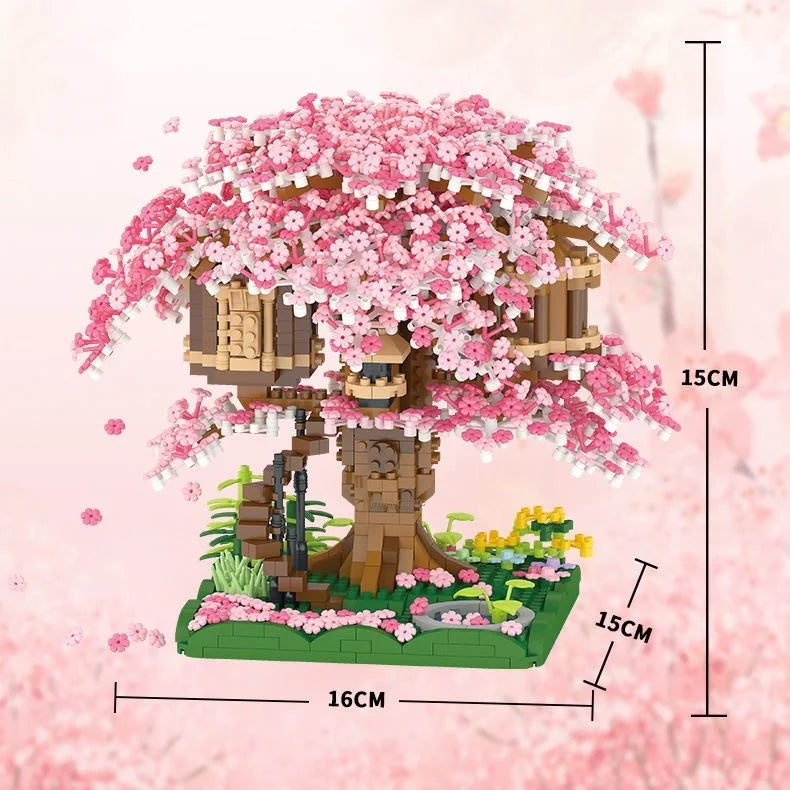 Cherry Blossom Tree Building Blocks with LED Lights - DIY Sakura Treehouse Model | Romantic Gift Set for Adults & Teens | Micro Brick Construction Kit 14+