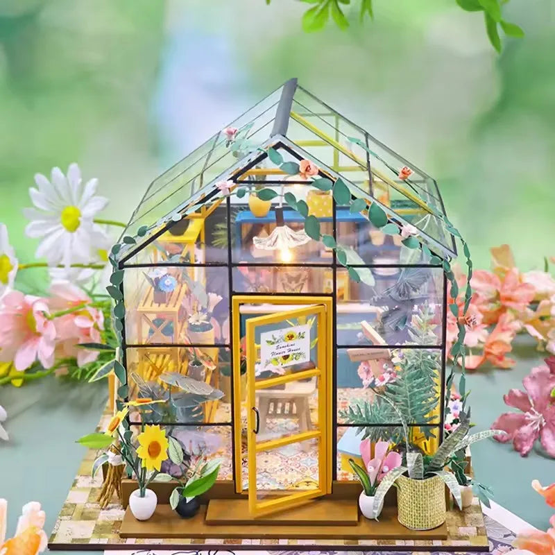 DIY Flower House Dollhouse Kit with LED Lights - Wooden 3D Miniature Building Set | Handmade Craft Model for Adults & Teens 14+ | Creative Assembly Toy