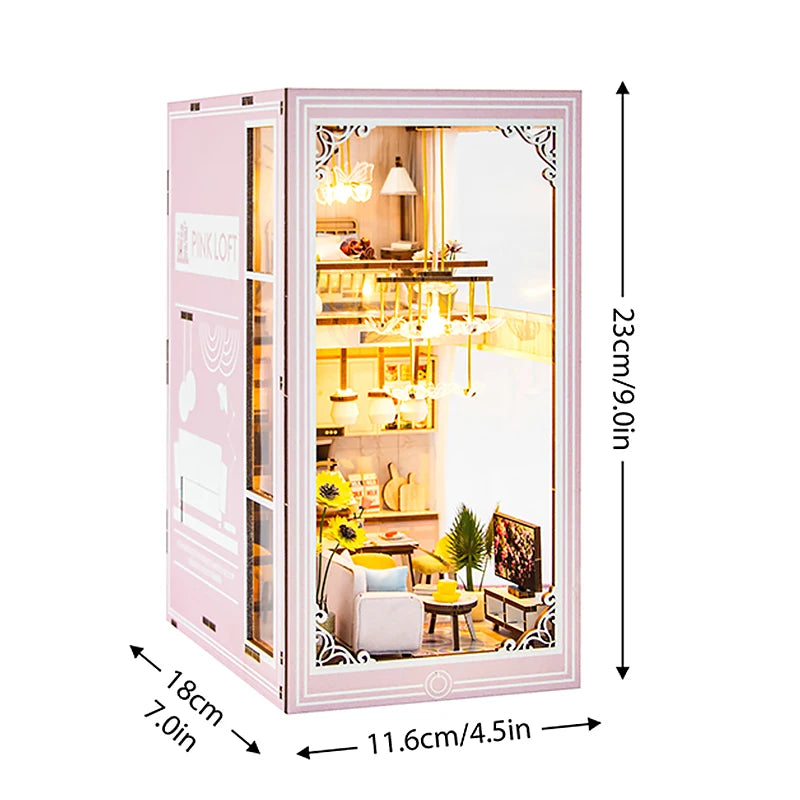 DIY Book Nook Shelf Insert Kit with LED Lights - 3D Wooden Miniature Diorama | Bookend Dollhouse Assembly Model | Christmas Gift for Book Lovers 14+