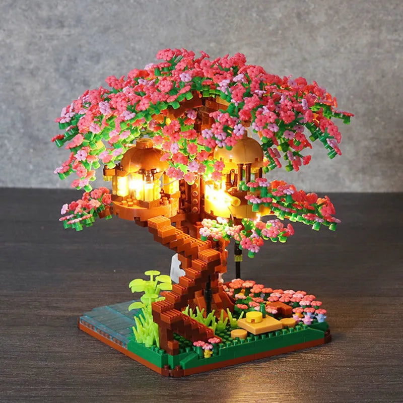 Cherry Blossom Tree Building Blocks with LED Lights - DIY Sakura Treehouse Model | Romantic Gift Set for Adults & Teens | Micro Brick Construction Kit 14+