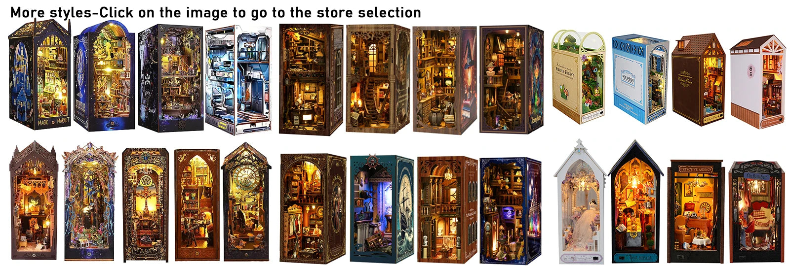 DIY Book Nook Shelf Insert Kit with LED Lights - 3D Wooden Miniature Diorama | Bookend Dollhouse Assembly Model | Christmas Gift for Book Lovers 14+
